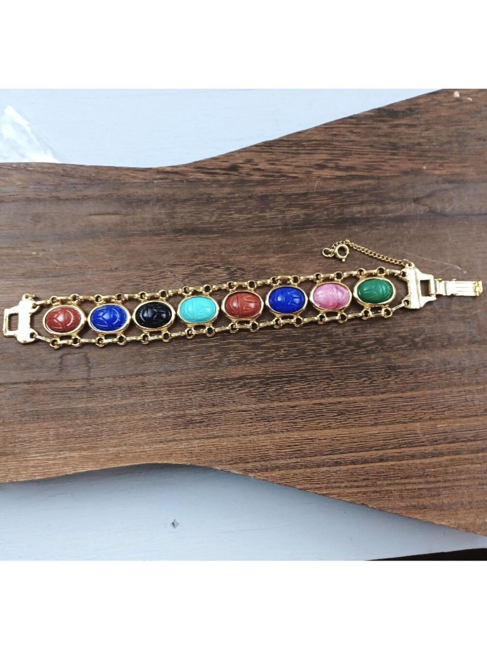 Vintage Egyptian Revival Gold-Tone Multi-Stone Scarab Bracelet 7" Safety Chain